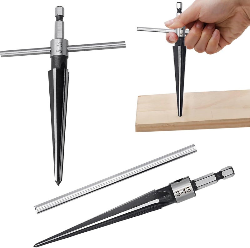 EMVANV 2Pcs Bridge Pin Hole Reamer, 3-13mm(1/8''-1/2'') & 5-16mm(½-5/8") T Handle Taper Reamer Set, 6 Fluted Chamfer Reaming Tool, Bridge Pin Hole Handle Tapered Reamers(Black Silver) - Image 1